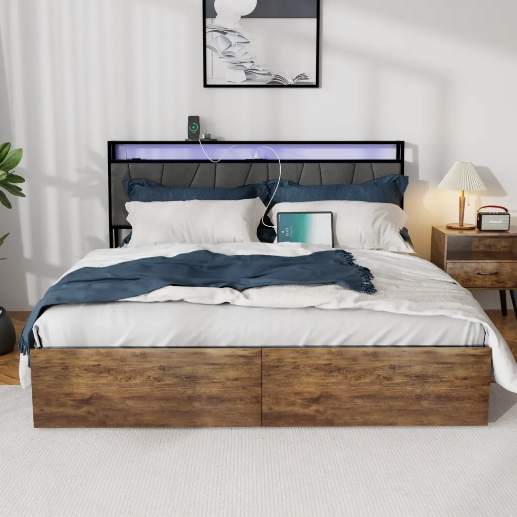 Full Bed Frame Storage and Comfort-fit Headboard, Metal Frame 2 Storage Drawers jhomier furniture