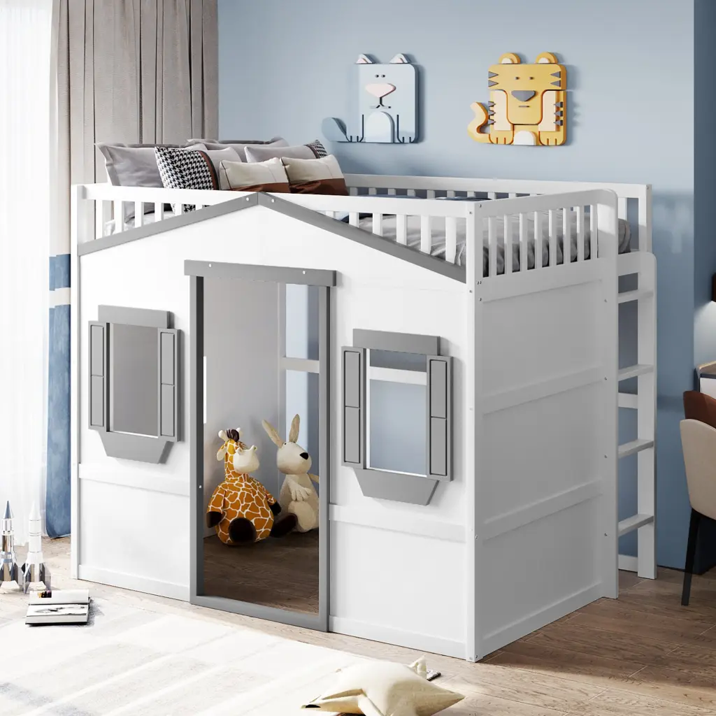Full Dimensions Houtilize Loft Bed Ladder White Gray Frame lucky furniture