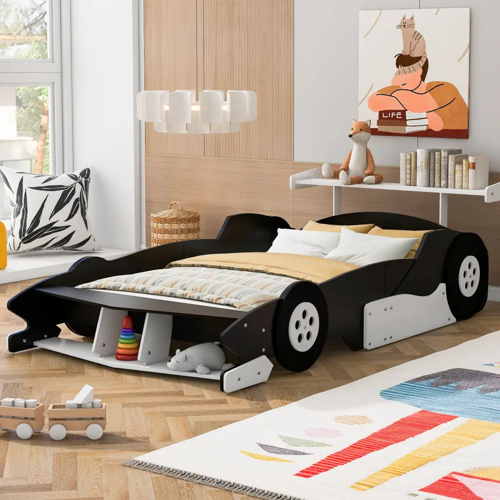 Full Dimensions Race Car Influenced Platform Bed Wheels, Black Plywood lucky furniture