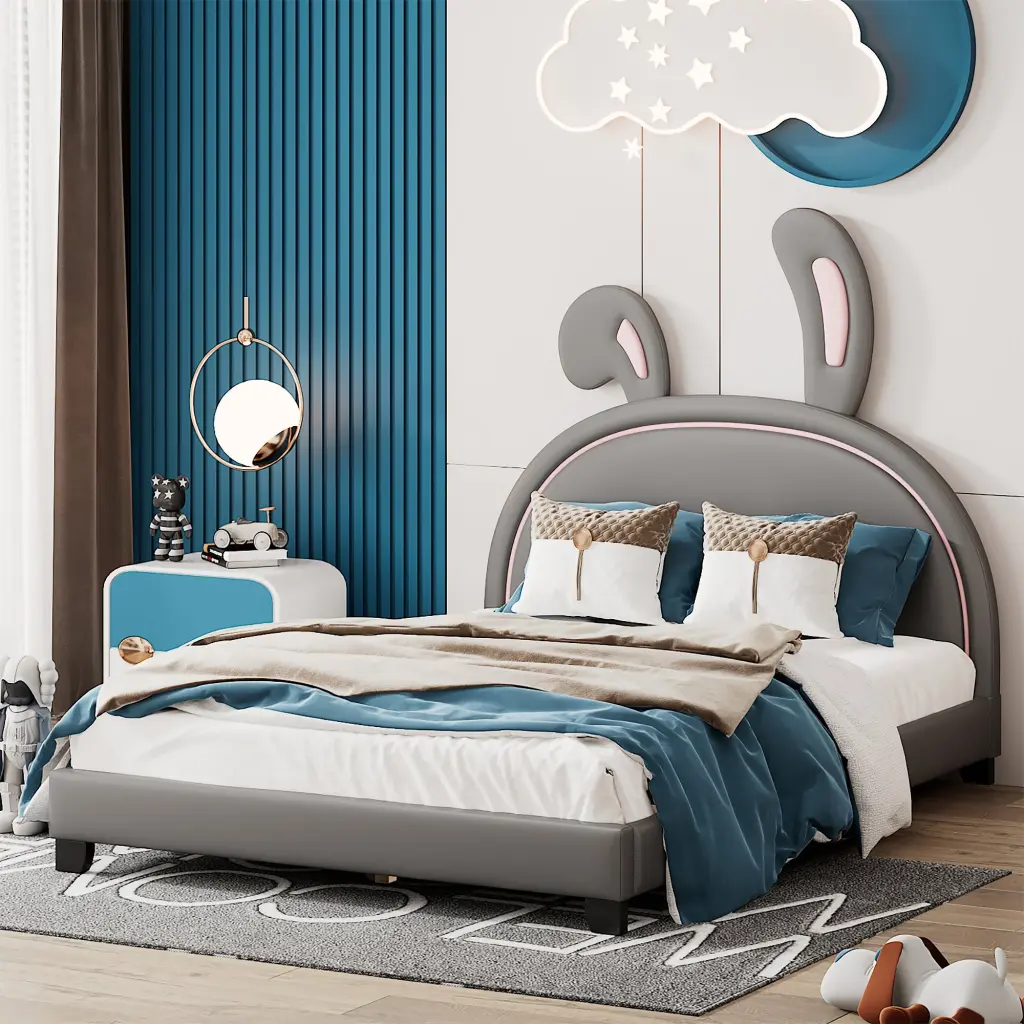 Full Dimensions Upholstered Leather Platform Bed Rabbit Ornament Gray lucky furniture