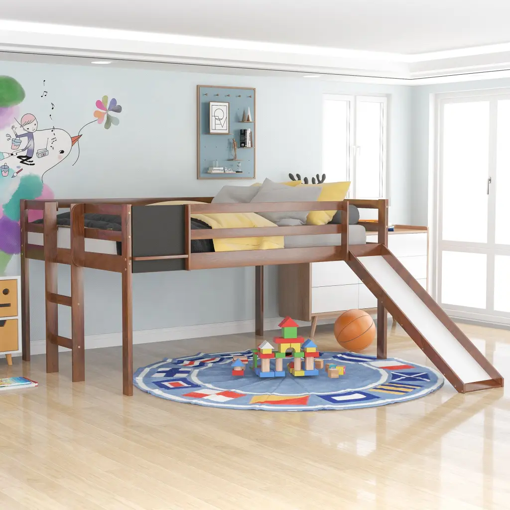 Full Loft Bed Wood Frame Slide Stair And Chalkboard Walnut Finish lucky furniture
