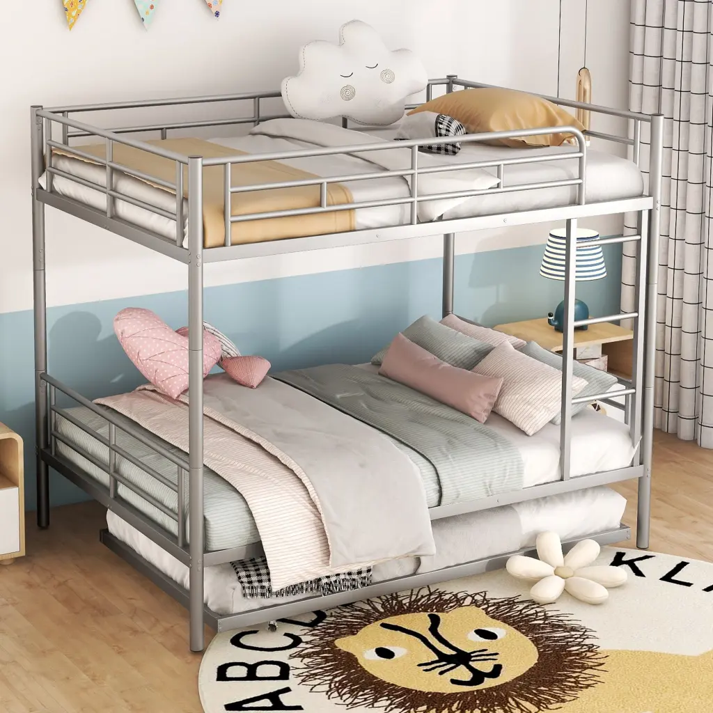 Full Over Full Metallic Bunk Bed Trundle Shiny Metal Frame Kids lucky furniture