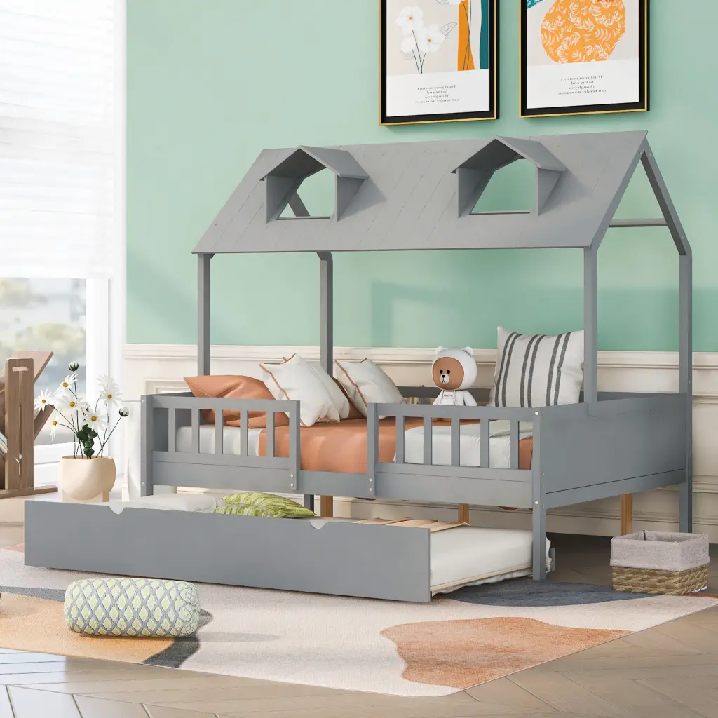 Full Size Houtilize Bed Wood Bed Twin Trundle Gray Solid Wood Space Saver lucky furniture