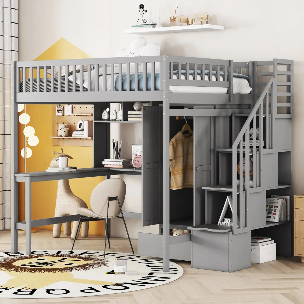 Full Size Loft Bed Bookshelf Drawers Desk And Wardrobe Gray Space Saver lucky furniture