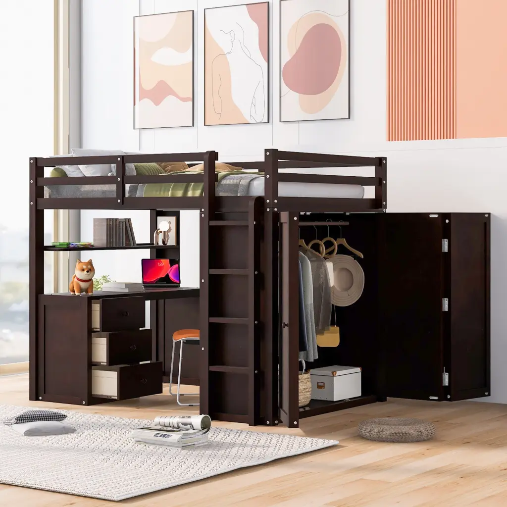 Full Size Loft Bed Drawers Desk And Wardrobe Espresso Wood Space Saving Furniture lucky furniture