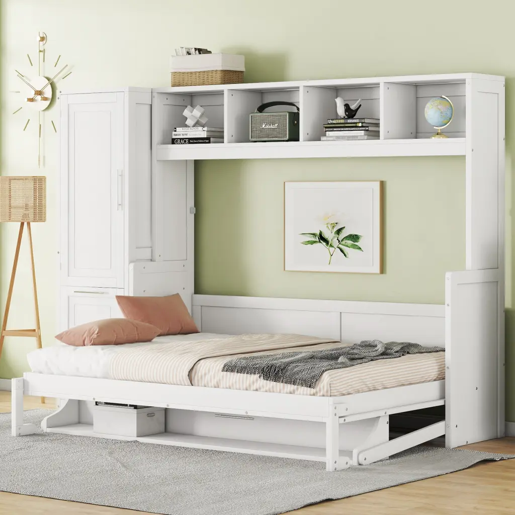 Full Size Murphy Bed Wall Bed Closet and Drawers White MDF Space Saving lucky furniture