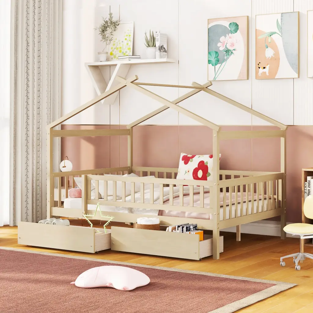 Full Size Wooden Houtilize Bed Two Drawers Natural Box Spring Not Required lucky furniture