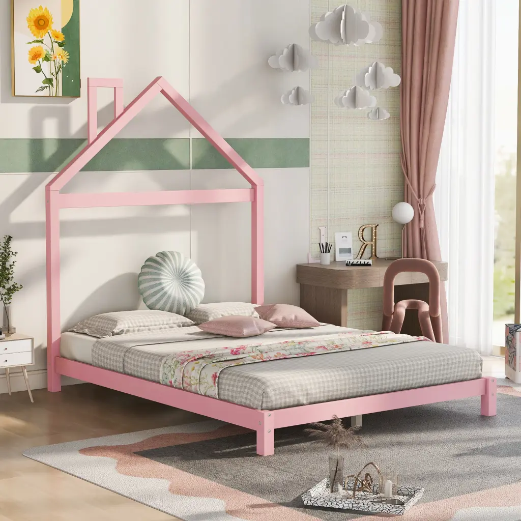 Full Wood Platform Bed Headboard Pink Solid Wood Modern Bed Frame lucky furniture