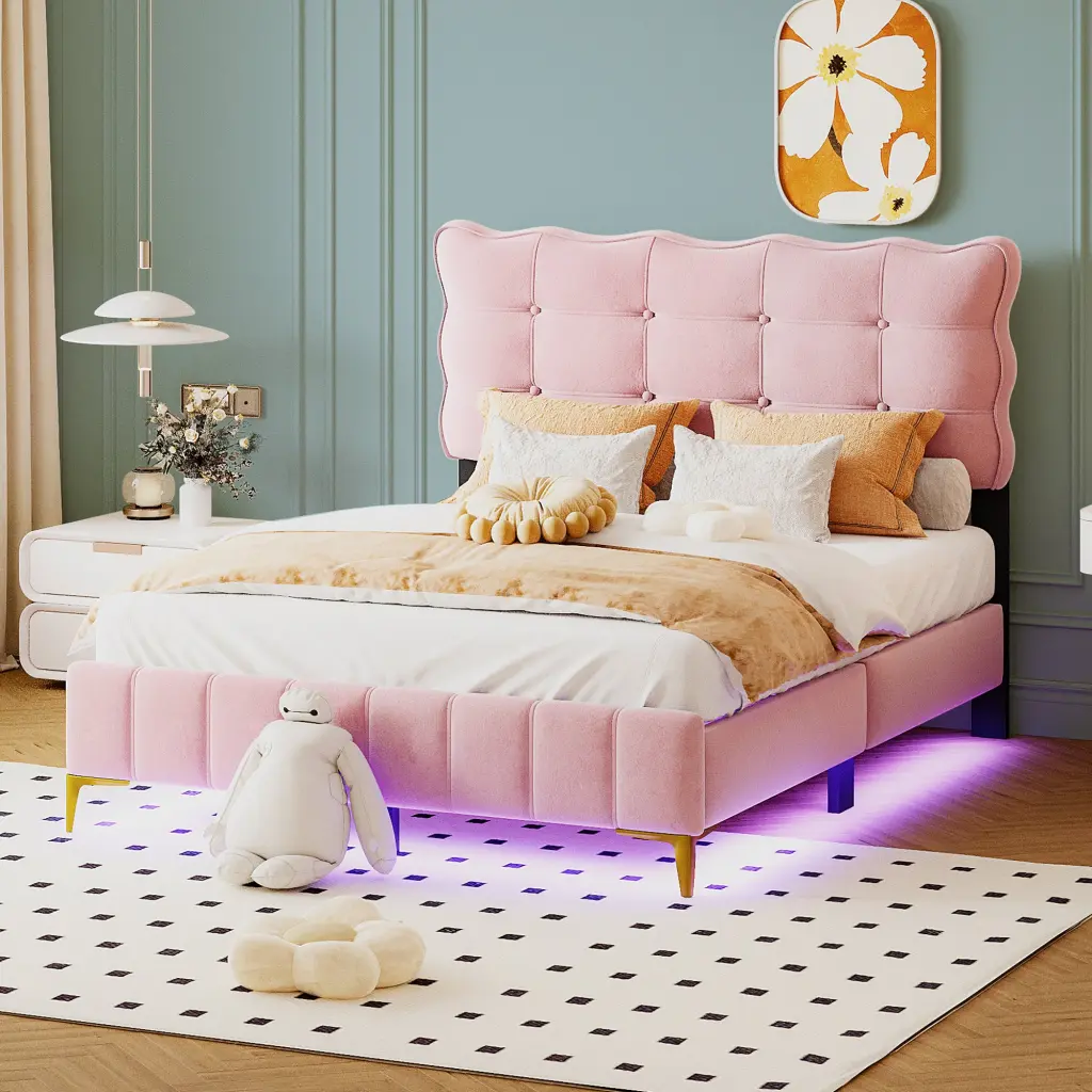 Full Size Velvet Platform Bed LED Frame and Chic Metal Bed Legs Modern Bedroom Furniture lucky world