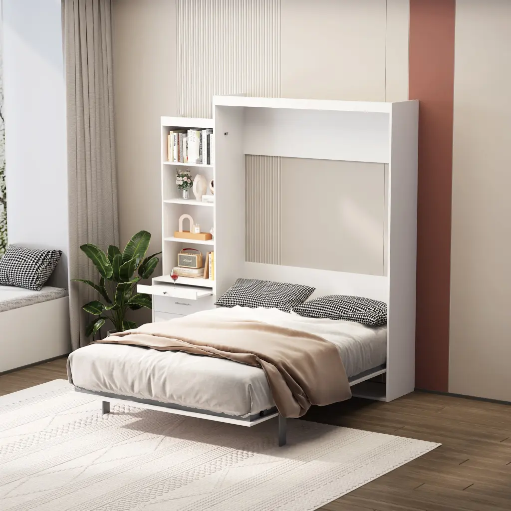 Modern Design Full Size Vertical Murphy Bed Shelf and Drawers Space Saving Wall Bed sunrise furniture