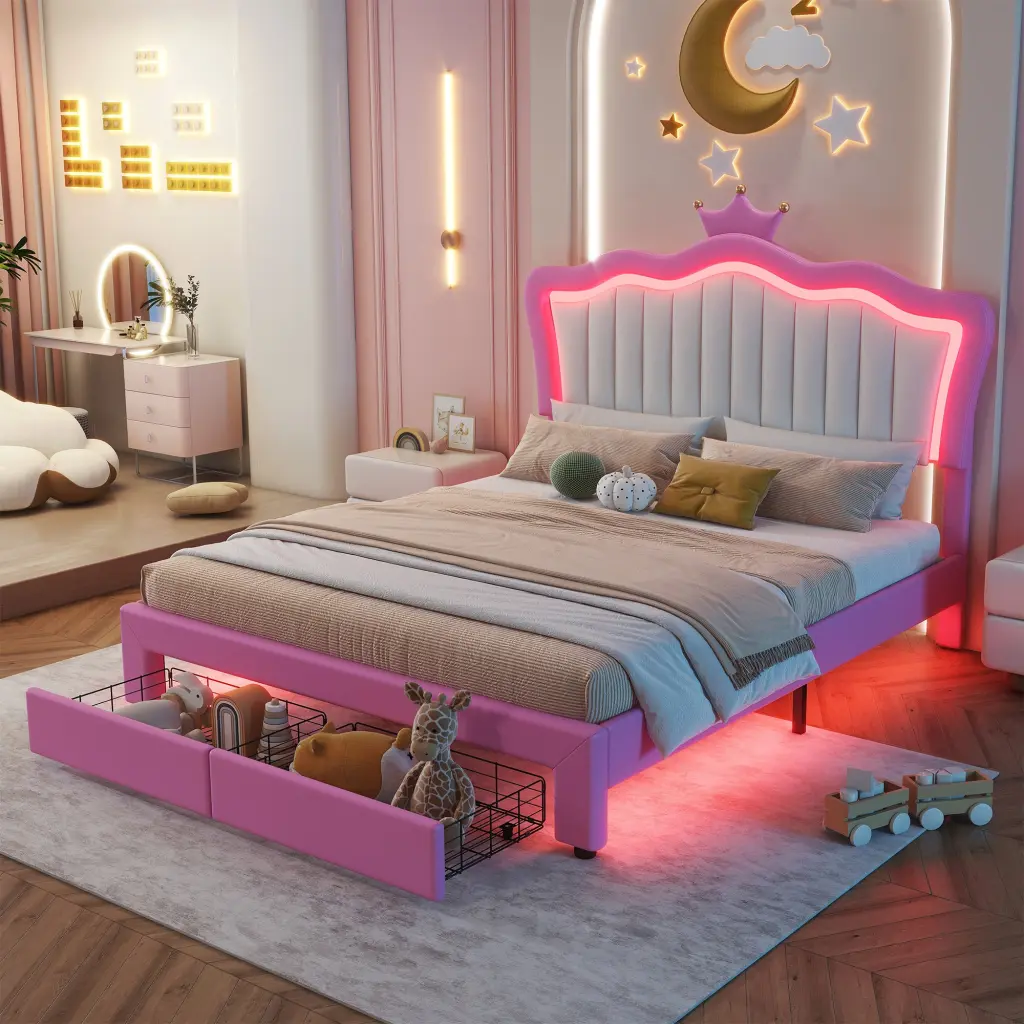 Full Upholstered Bed Frame LED Lights Modern Platform Bed Queen Size w2770