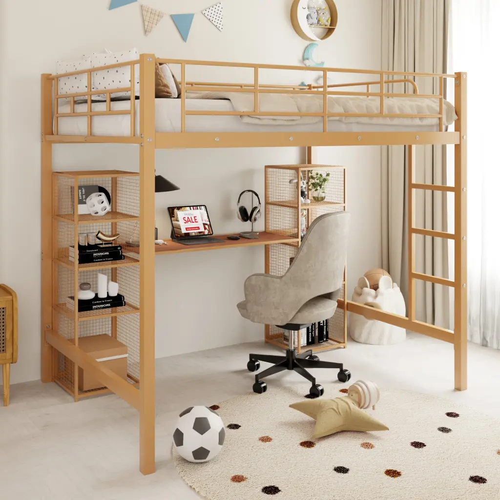 Full Size Metal Loft Bed Built- Desk and Shelves Gold Brown wm dreamland