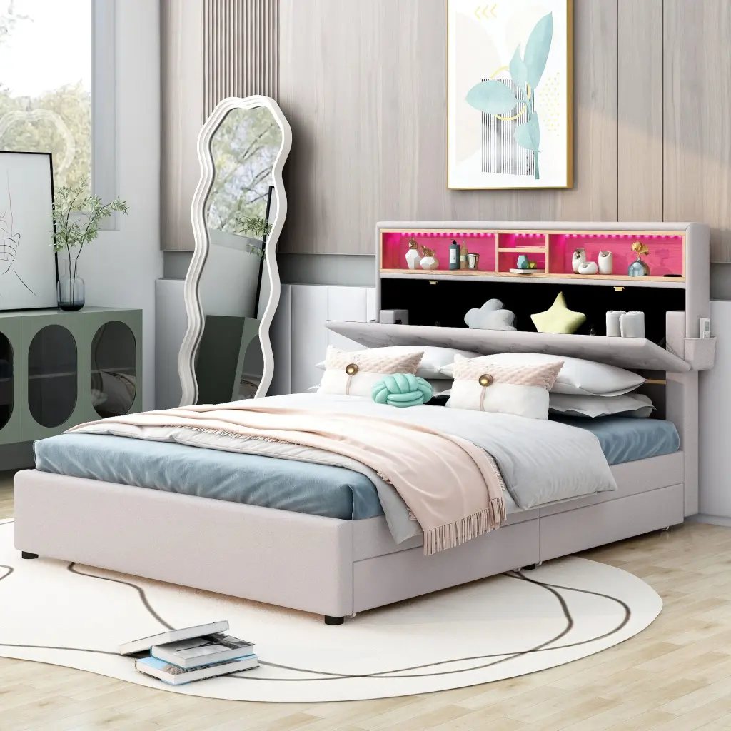 Full Dimensions Upholstered Platform Bed Storage Headboard Led Usb Charging wm store