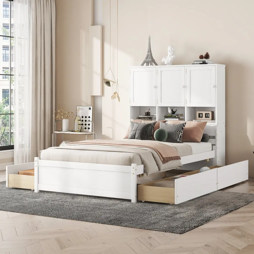 Full Size Platform Bed Storage Headboard And 4 Drawers White Box Design wm store