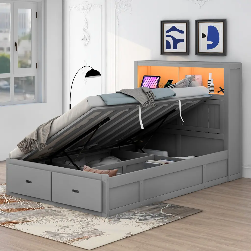 Wood Full Size Hydraulic Platform Bed Storage LED Headboard Charcoal Finish wm store