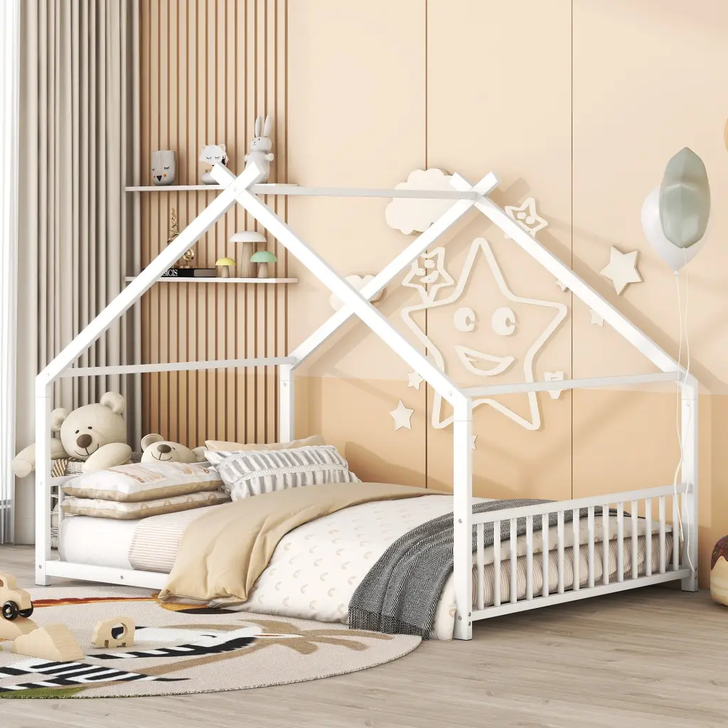 Full Size Metal Platform Bed Frame White Modern Simple Design Sturdy Structure lucky world