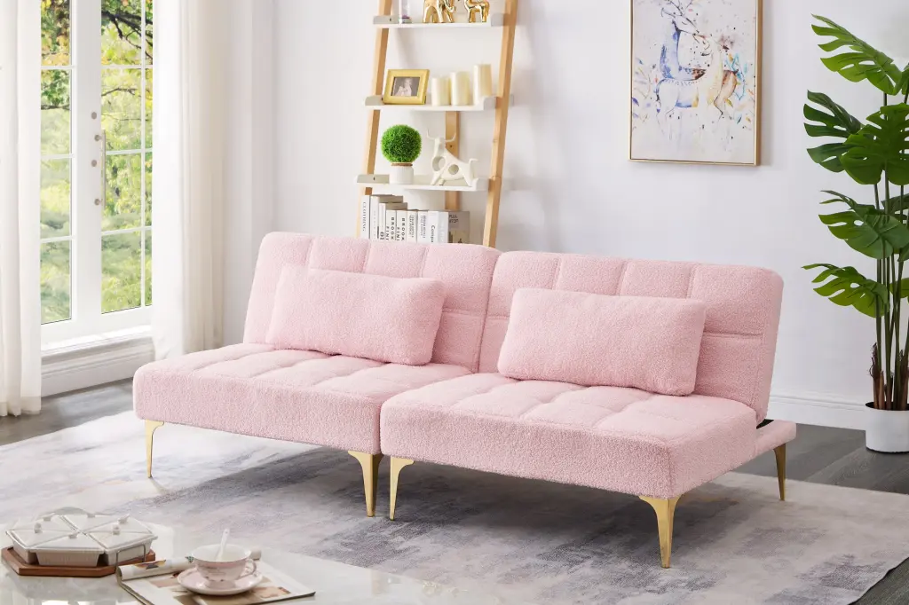 71 Inch Convertible Sofa Bed Futon Gold Metal Legs Teddy Material Pink hdf store