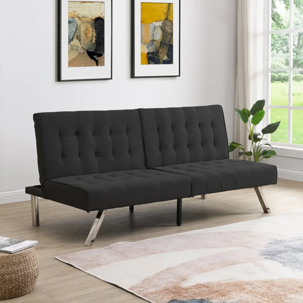 Black Wood Frame Futon Sofa Bed Stainless Legs 2 Seater beds - sofas