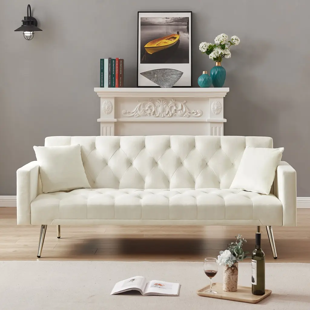Cream White Convertible Folding Futon Sofa Bed Sleeper Sofa Couch Compact Spaces cy furniture