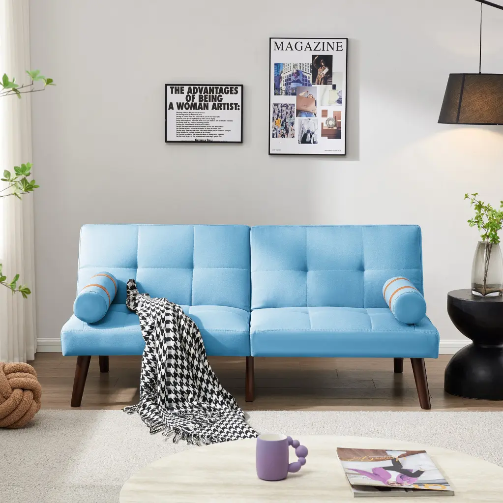 Convertible Sofa Bed Futon Solid Wood Legs Blue Linen Fabric Sleeper Couch hdf store