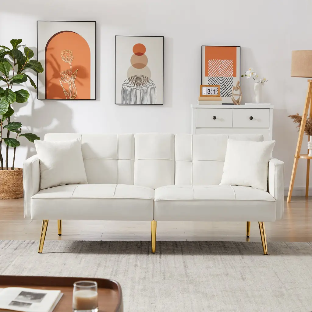 Cream White Velvet Futon Sofa Bed Gold Metal Legs rnb