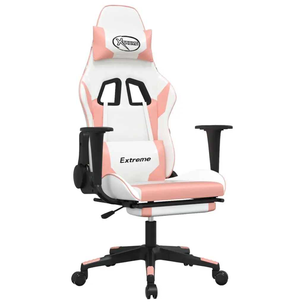 Gaming Chair Footrest White and Pink Faux Leather Computer Chair