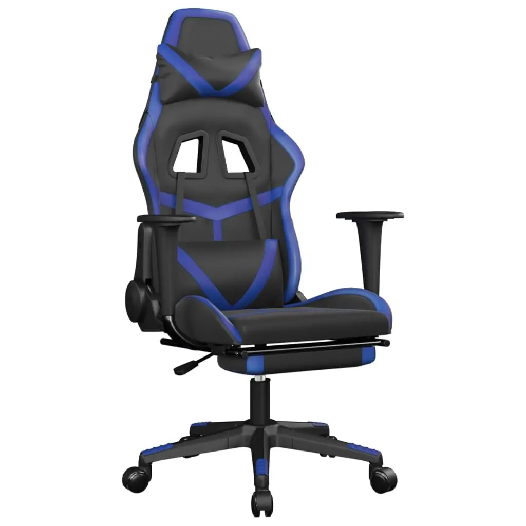 Massage Gaming Chair Footrest Black & Blue Faux Leather Ergonomic Office Chair