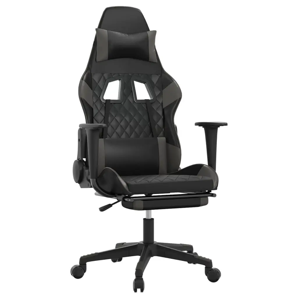 Massage Gaming Chair Footrest Black and Gray Faux Leather Ergonomic Chair