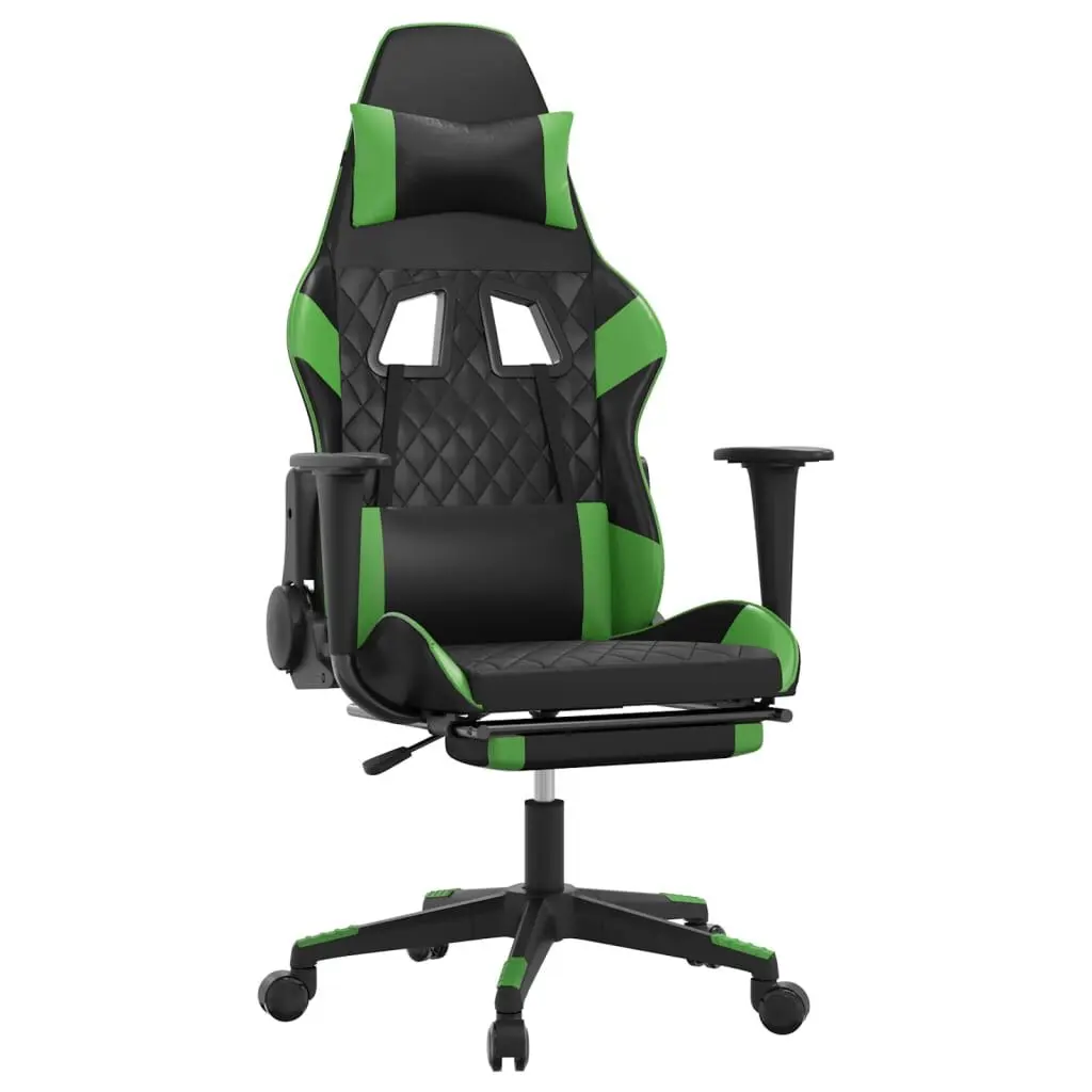 Massage Gaming Chair Footrest Black and Green Faux Leather Racing Chair