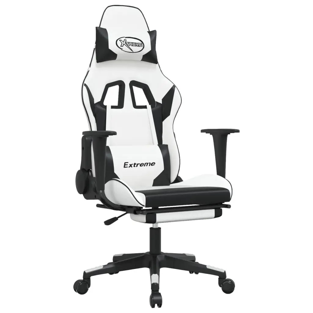 Massage Gaming Chair Footrest White Black Faux Leather Ergonomic Office Chair
