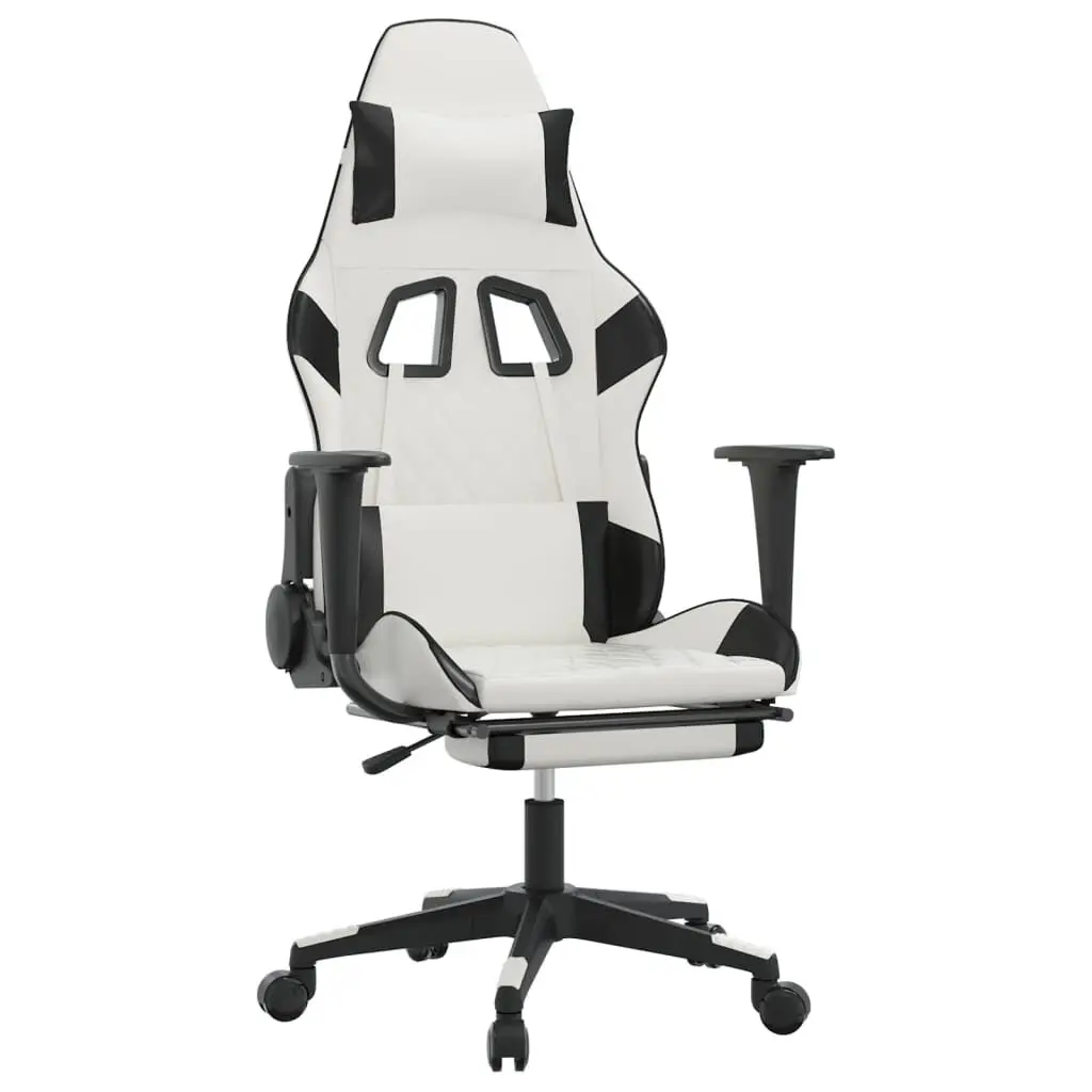 Massage Gaming Chair Footrest White Black Faux Leather Ergonomic Office Chair