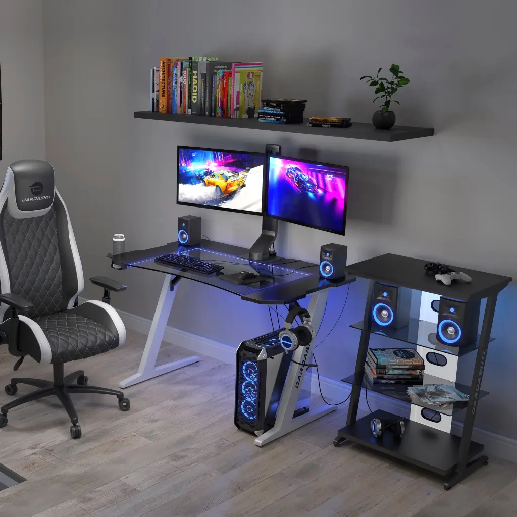 Gaming Desk Alloy Metal Legs Multicolored LED Lights Cup Holder and 3 USB Ports atlantic inc.