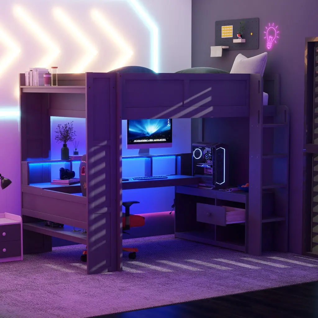 Timber Full Dimensions Gaming Loft Bed Desk Multi Storage Shelves LED wm store