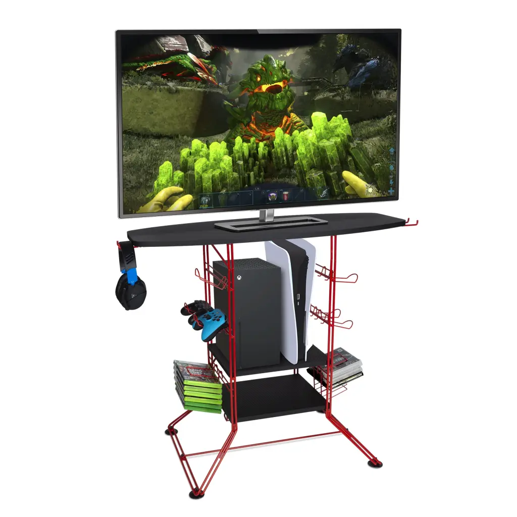 DLPIN TV Stand Gaming Storage Stand 2 Fixed Carbon Laminate Shelves Black and Red