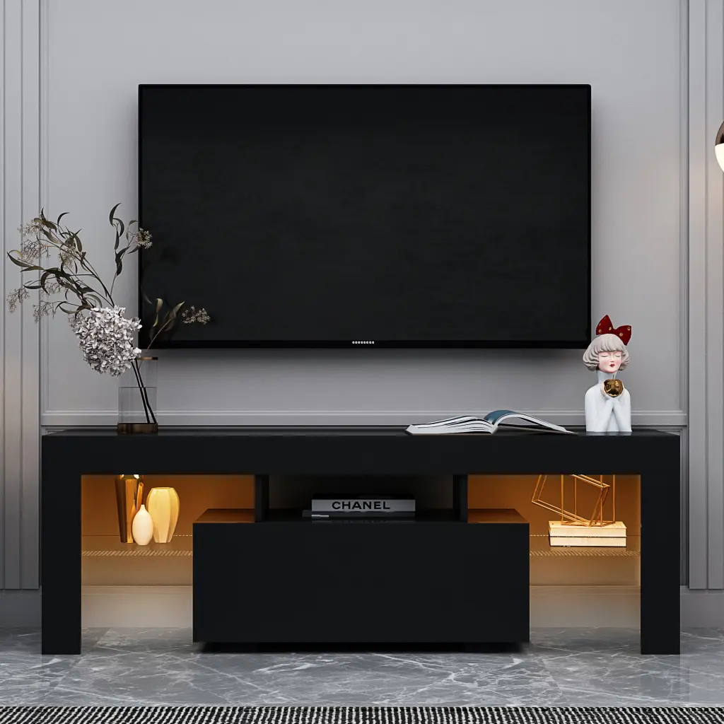 Black TV Stand LED RGB Lights Flat Screen TV Cabinet Gaming Consoles OMCCHK