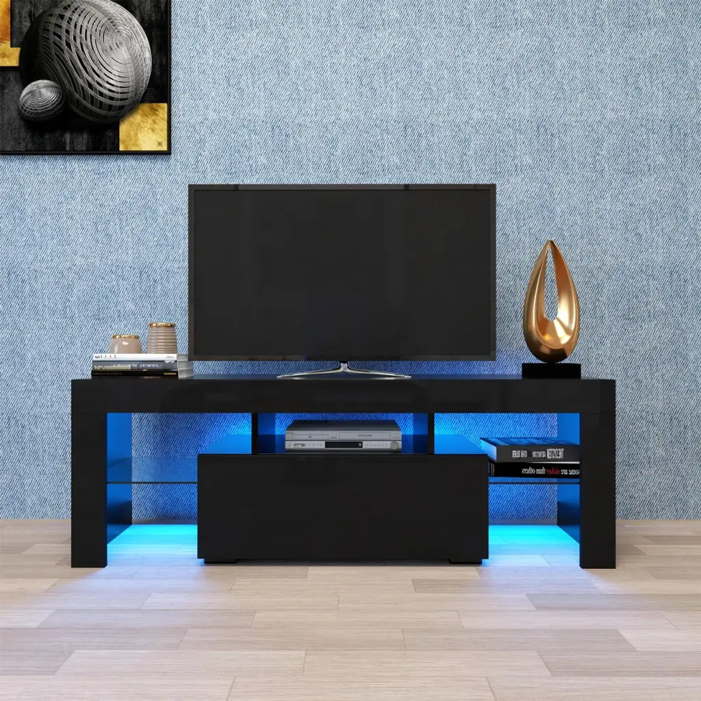 TV Stand LED RGB Lights 55 Inch TVs Gaming Console Cabinet Black Triple Tree