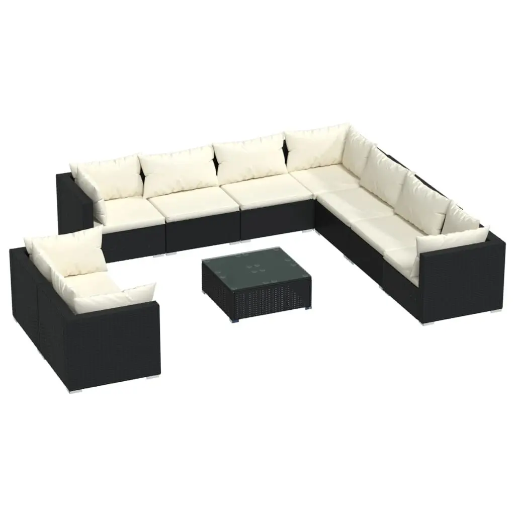 10 Piece Garden Lounge Set Cushions Black Poly Rattan Outdoor Furniture