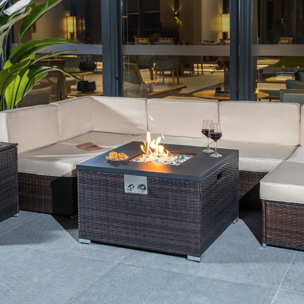 Outdoor Square Gas Fire Pit Table Dark Brown Wicker Design as outdoor heating