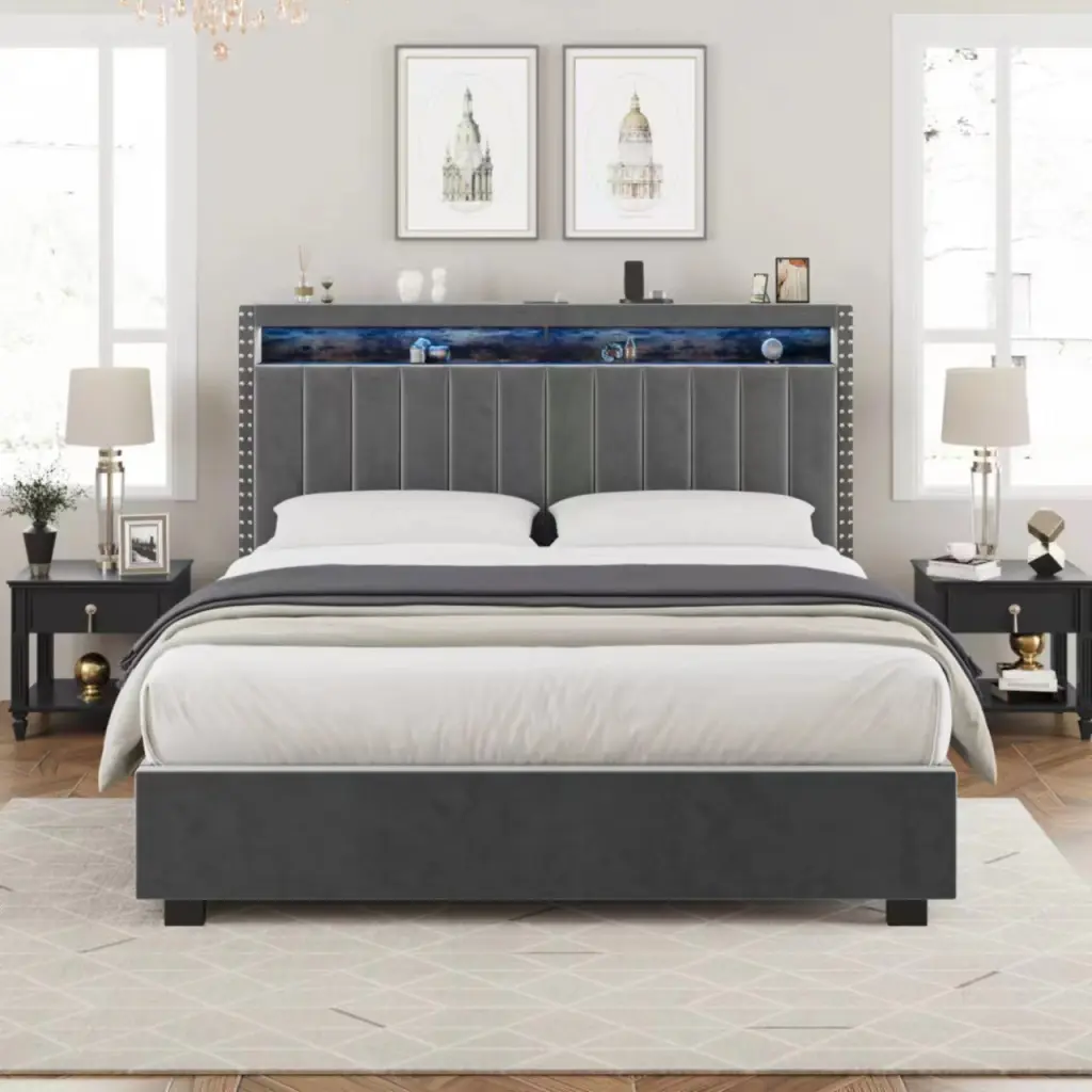 Premium Gas Lift Storage Bed LED Lights Queen Size Modern Bed aobang furniture