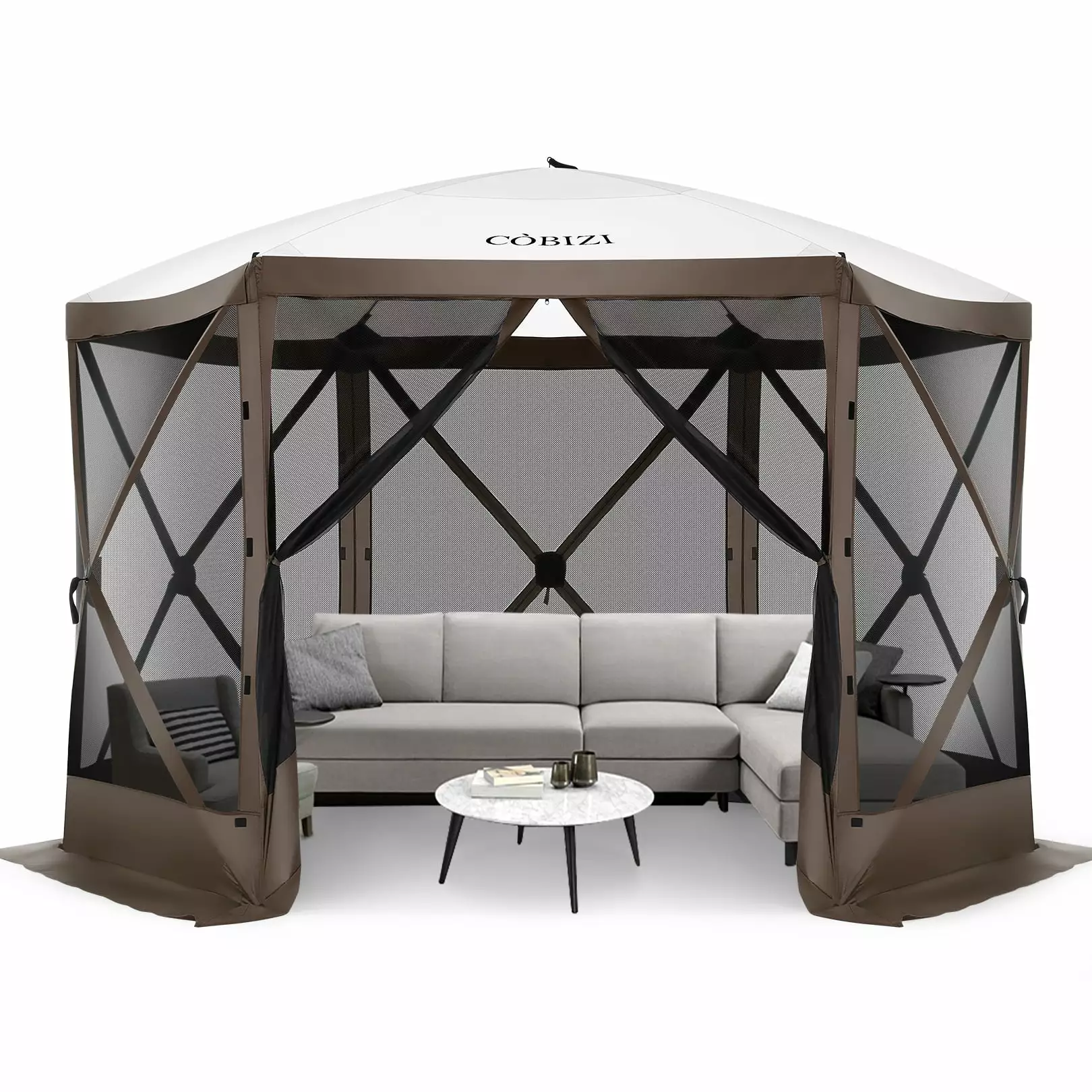 COBIZI 12x12 Pop-up Gazebo Tent 6-Sided Mosquito Netting Waterproof UV Resistant Outdoor Camping Stargazing