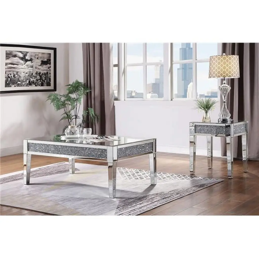 ACME Noralie Coffee Table Mirrored Top Faux Diamonds 19 x 48 x 29 Inches Luxe Design
