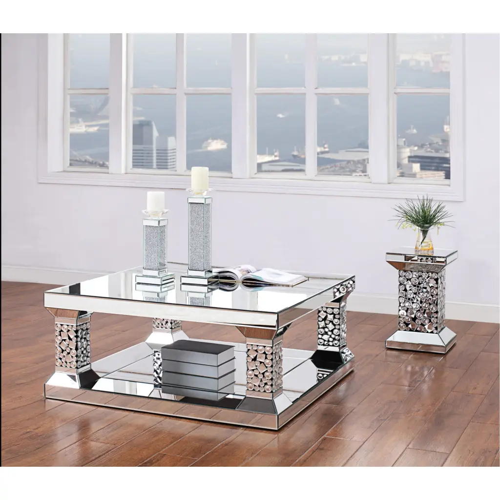 Ergode Coffee Table Mirrored Surface and Faux Gems Elegant Living Room Decor