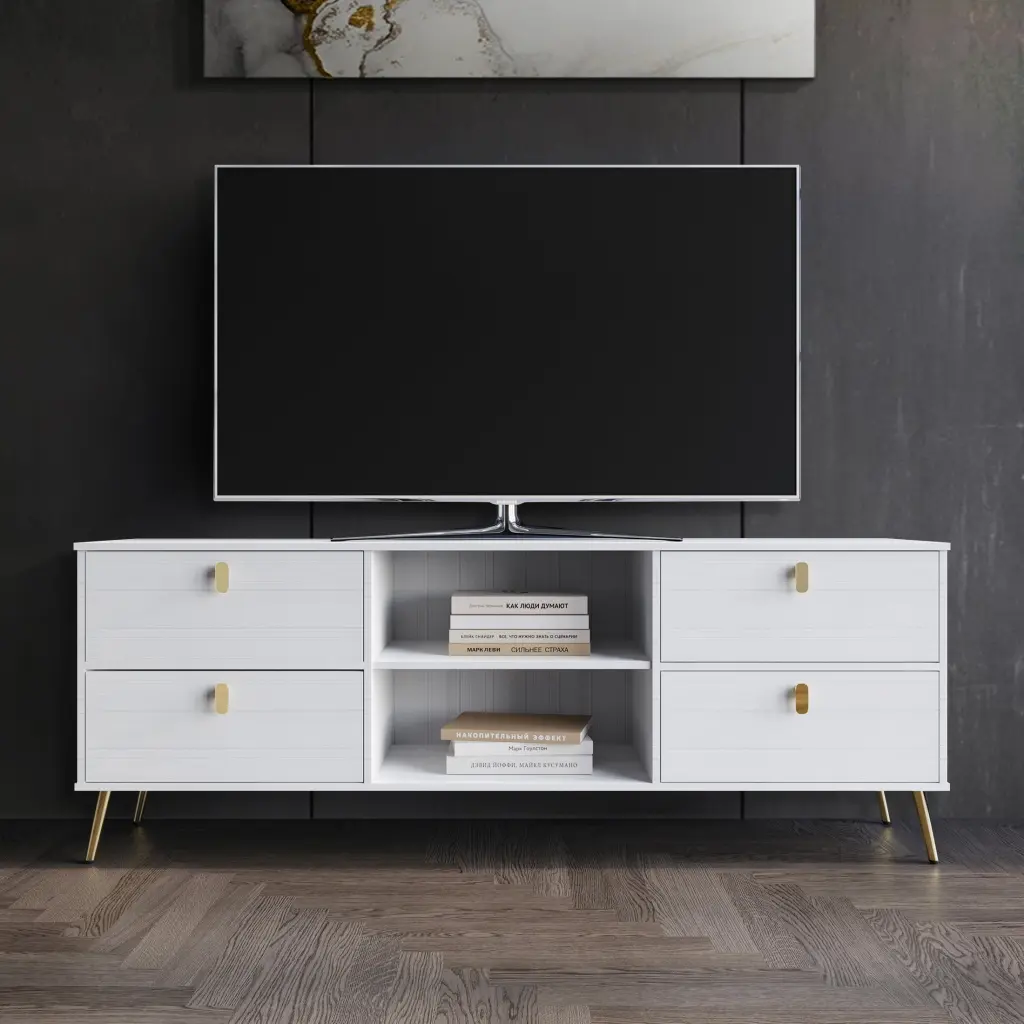 Castle Place Glam Wood TV Stand Gold Metal Legs 65 Inch TVs White