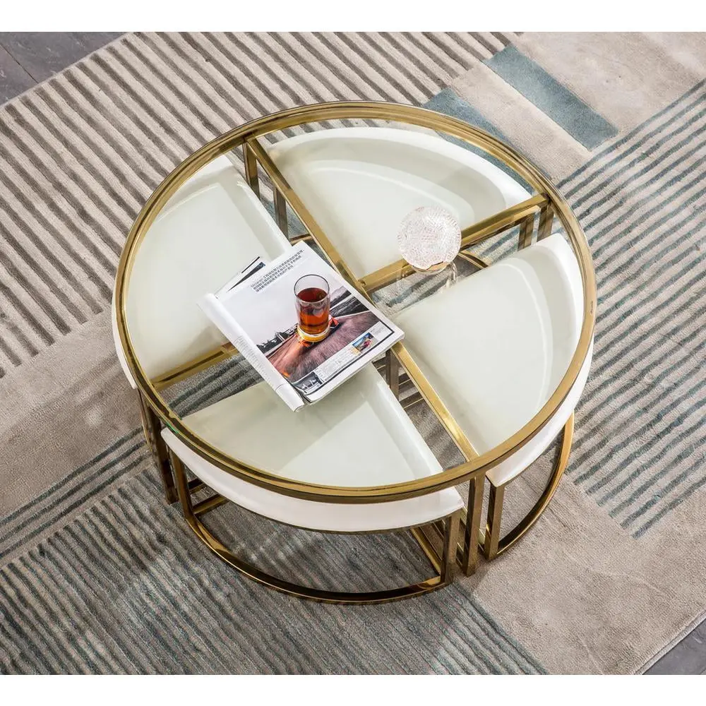 Artisan Design Round Coffee Table 4 Stools 10mm Clear Tempered Glass