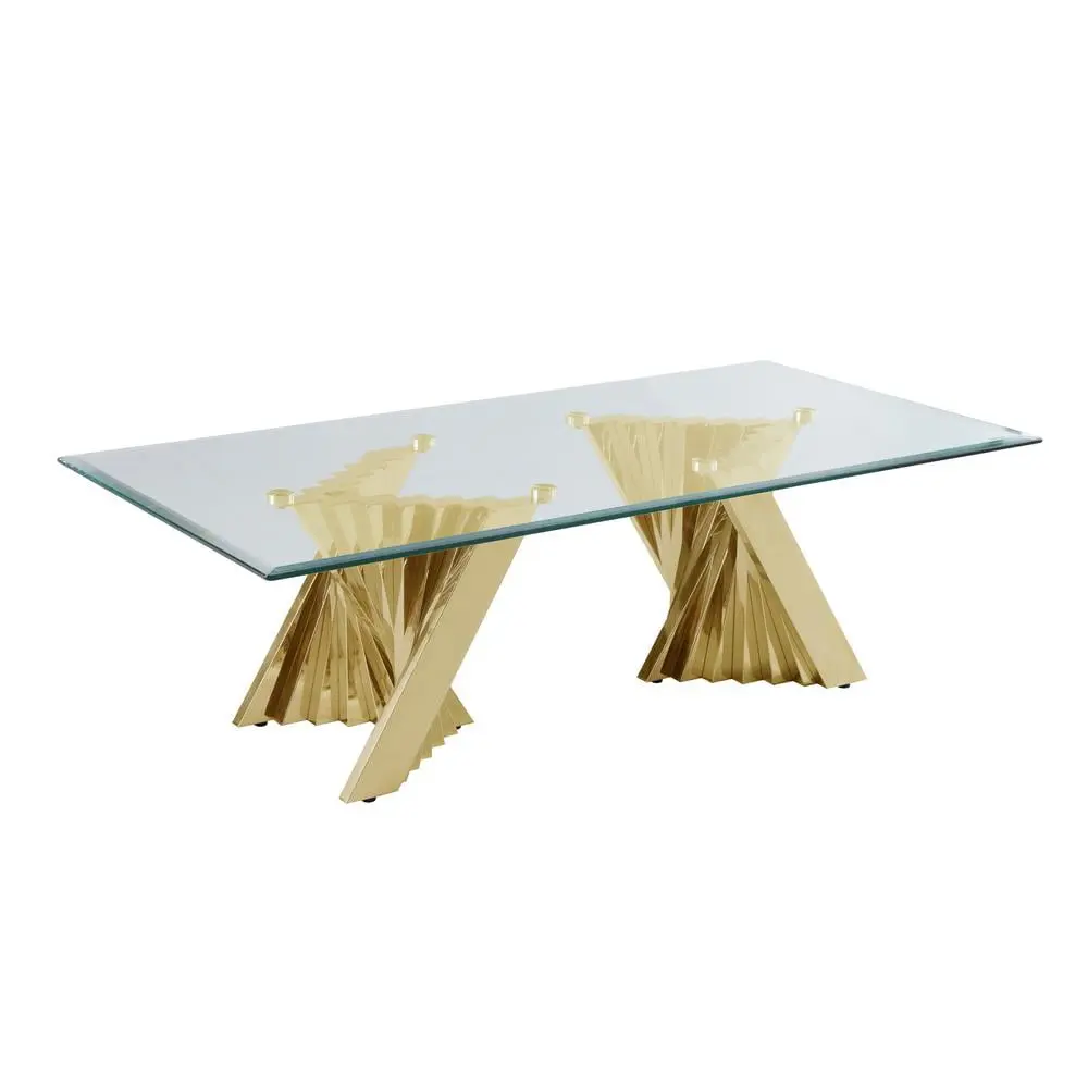 Geometric Clear Glass Coffee Table Gold Stainless Steel Frame Best Quality Furniture