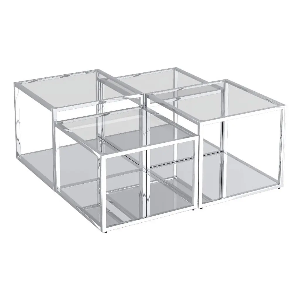 Casini 4-Piece Contemporary Metal and Glass Coffee Table Set Silver