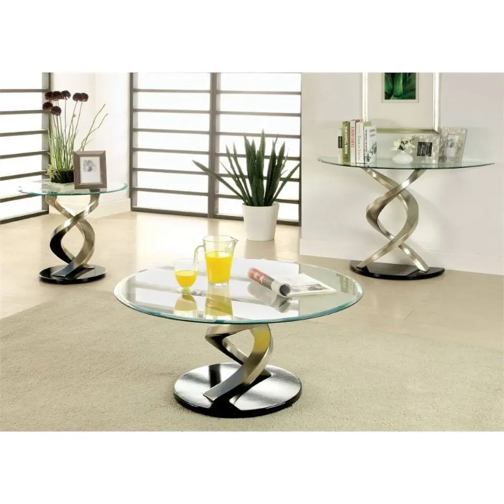 Furniture America Crook Glass Top 3-Piece Coffee Table Set Silver