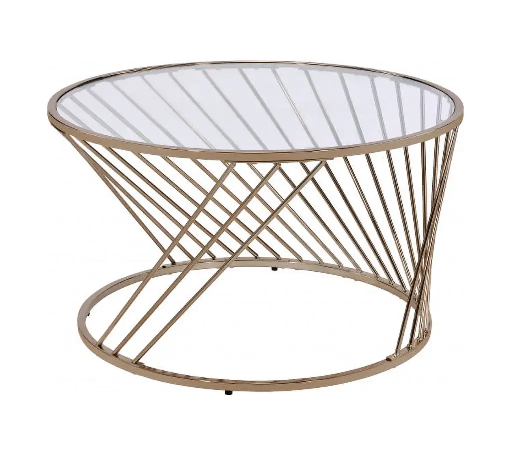 32 Inch Champagne and Clear Glass Metal Round Coffee Table Generic