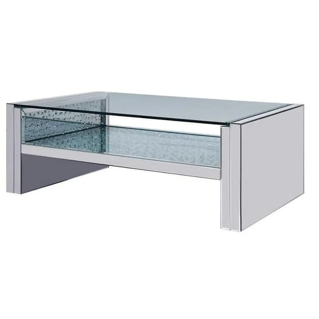HomeRoots 47 Inch Silver Glass Rectangular Mirrored Coffee Table Shelf