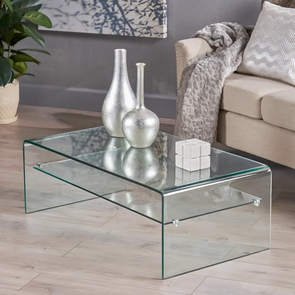 Coffee Table 12mm Tempered Bent Crystal Top and 8mm Shelf nh-purenest